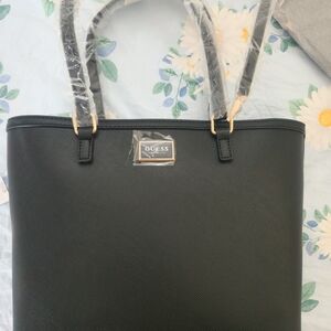 GUESS Black Tote with Gold Logo Plaque